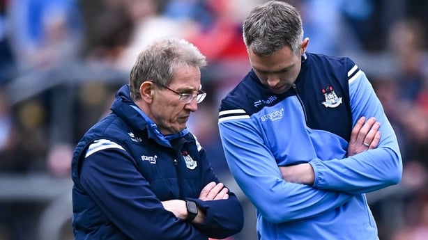 2 May 2026; Dublin interim manager Dean Rock, right, and Dublin selector Niall Moyna before the Leinster GAA Football Senior Championship semi-final match between Louth and Dublin at Laois Hire O'Moore Park in Portlaoise, Laois. Photo by Piaras Ó Mídheach/Sportsfile