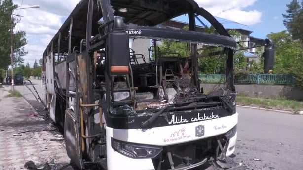 Seven people were killed and 11 wounded in a drone strike on this bus in Russian-controlled Donetsk