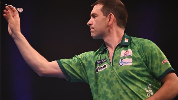 FRANKFURT AM MAIN, GERMANY - JUNE 14: William O'Connor of Ireland in action during his Second Round Match against Switzerland during day three of BetVictor World Cup of Darts 2025 at Eissporthalle Frankfurt on June 14, 2025 in Frankfurt am Main, Germany.