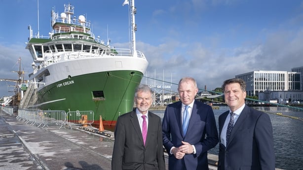 Martin Hayden Chairperson Marine Institute, Timmy Dooley Minister of State Department of Agriculture, Food and the Marine and Dr Rick Officer CEO Marine Institute .,Minister of State Timmy Dooley and senior officials today visited the Marine Institute's research vessel, the RV Tom Crean