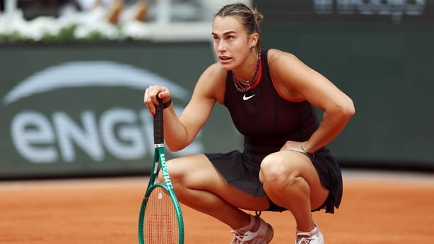 Aryna Sabalenka reacts as she is on the way to being defeated by Diana Shnaider in their Quarter final match during Day Eleven of the 2026 French Open at Roland Garros on June 03, 2026 in Paris, France.