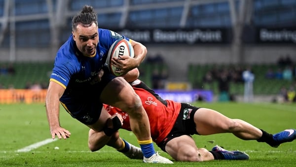 30 May 2026; James Lowe of Leinster dives over to score his side's eighth try and to become the new Leinster record try scorer during the United Rugby Championship quarter-final match between Leinster and Lions at the Aviva Stadium in Dublin. Photo by Dav