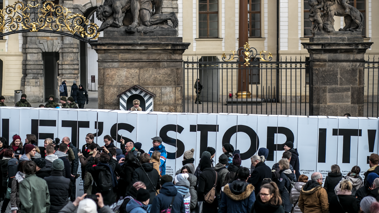 Activists from 'Kaputin' group created a symbolic wall from large paper boxes.