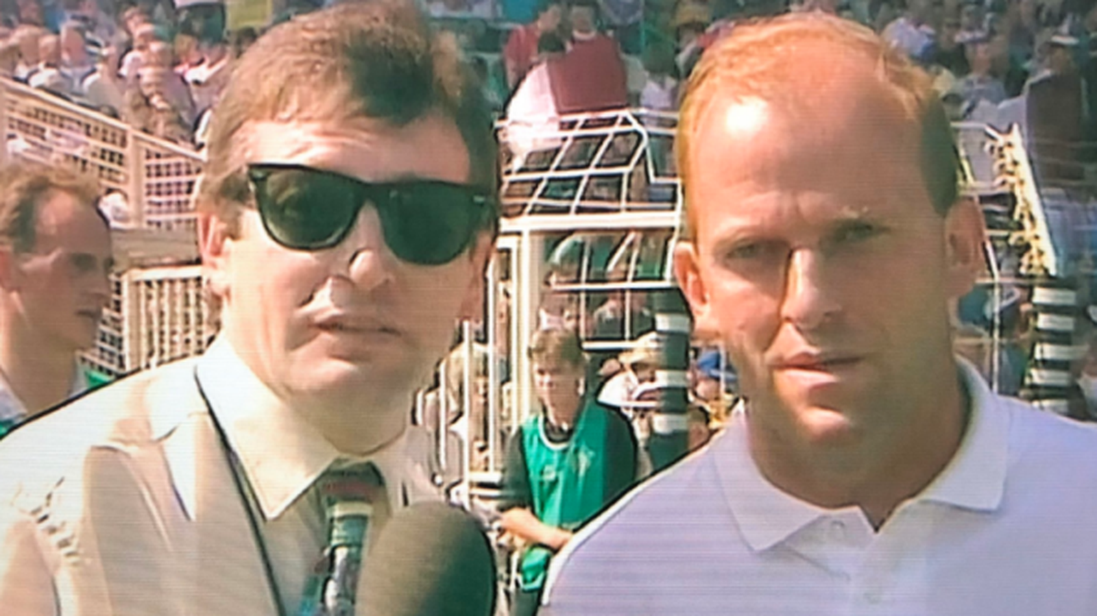 RTÉ's sideline reporter Tony O'Donoghue grabs a few words with Ger Loughnane at half-time of 1995 All-Ireland semi-final