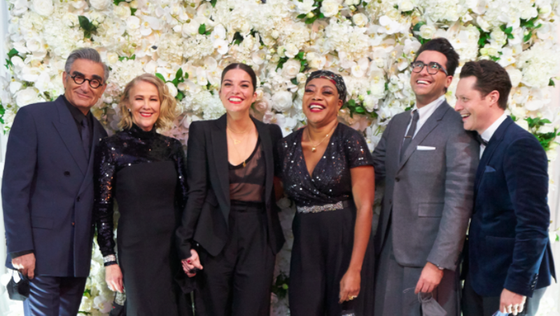 The cast of Schitt's Creek celebrating their seven Emmy wins Image credit: Instagram/@SchittsCreek