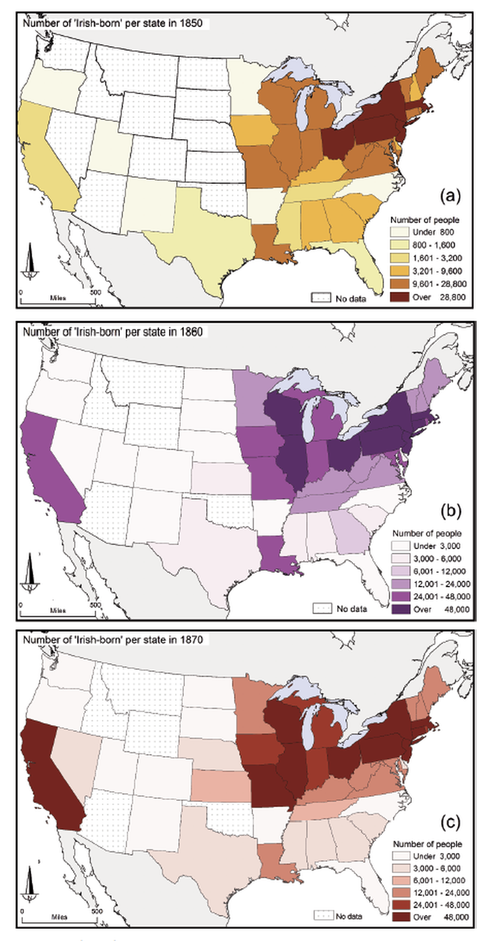 Distribution of Irish immigrants across the United States in 1850, 1860 and 1870