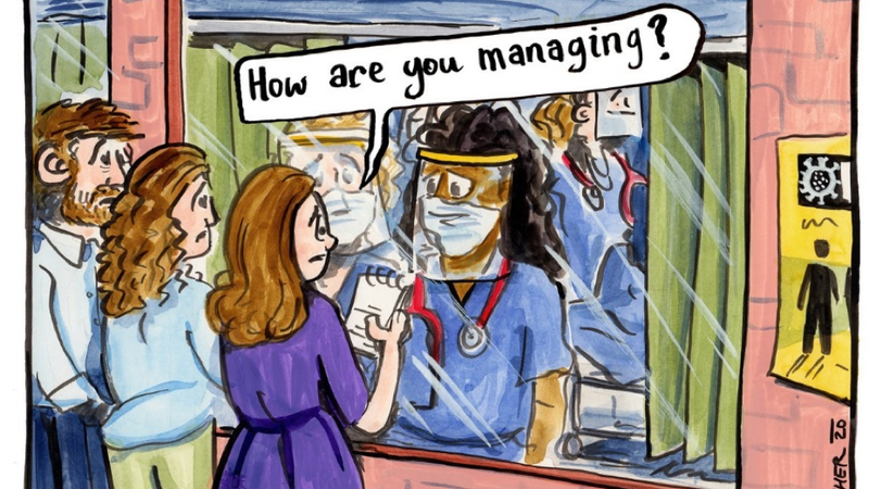 "Some of the hospital doctors that we spoke to were hopeful that the pandemic would be the catalyst for further health system improvement". Illustration: Eoin Kelleher (@EoinKr)