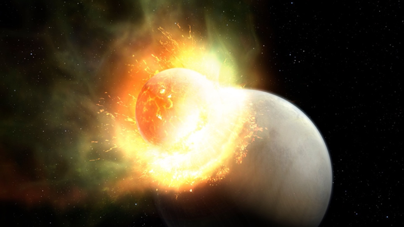 Artist's impression of a giant impact, releasing gas from the atmosphere of a Venus-like planet. Credit: Mark A. Garlick / markgarlick.com
