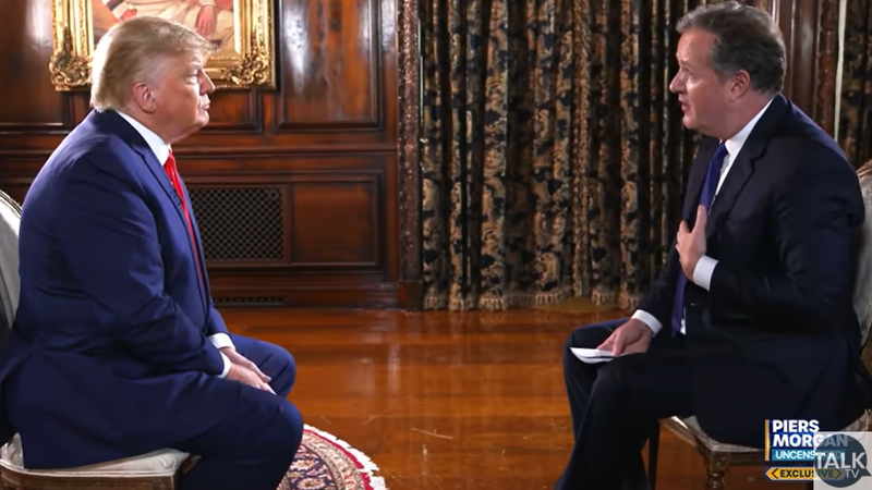 During the interview on the new evening talk show Piers Morgan Uncensored, Donald Trump said he cannot reveal if he will run for office again, but added that "a lot of people are going to be very happy" Screengrab: TalkTV