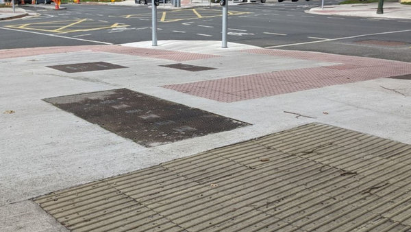 Tactile paving are paving units that bear distinctive, raised surface profiles to be detected by both sighted and visually impaired pedestrians. Photo: Kevin Delaney